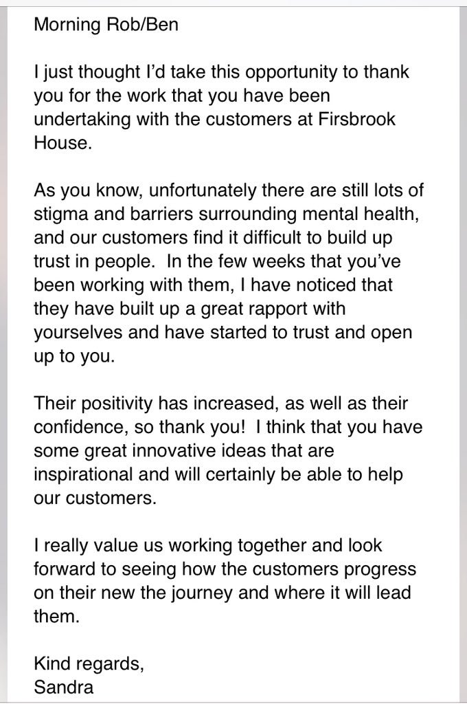 Service Manager <a href="/MidlandHeart/">Midland Heart</a>, Firsbrook House, #Wolverhampton thanks Ben &amp; Rob for the work they’ve done with residents and highlights the benefits of the KIC Jobs programme!

#employment #volunteering #Mentalhealth <a href="/HoECF/">Heart of England Community Foundation</a> <a href="/WalsallCouncil/">Walsall Council</a> <a href="/WolvesCouncil/">Wolves Council</a> @KICfm @BigLotteryFund