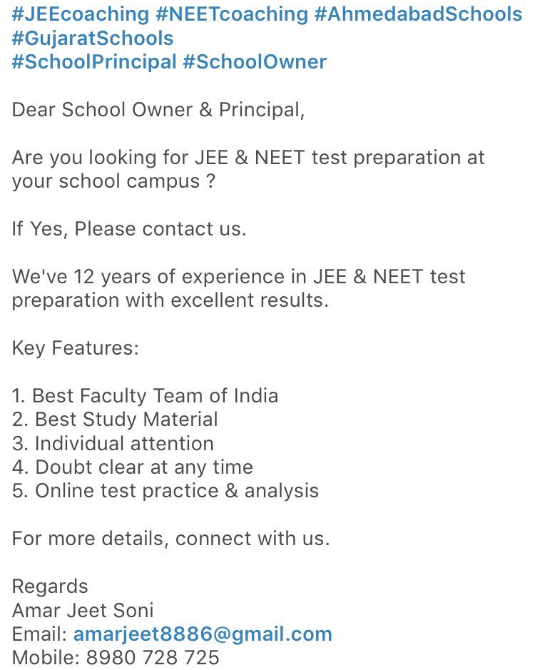 #JEEcoaching #NEETcoaching #AhmedabadSchools #GujaratSchools                                       Dear School Owner & Principal,

Are you looking for JEE & NEET test preparation at your school campus ?

If Yes, Please contact us.