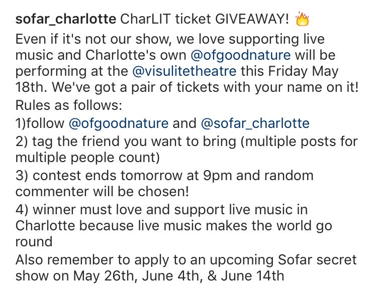 Sofar_Charlotte's tweet photo. Are you an @OfGoodNature fan?? We are giving away 2 tickets to the 5/18 Charlotte show on @instagram! Follow us on insta (same handle) and check out the post for details on how to enter! #clt #cltfree #giveaway #cltcheap #charlotte #cltmusic @VisuliteTheatre #nc #CharLIT https://t.co/EWEtUJNcsy
