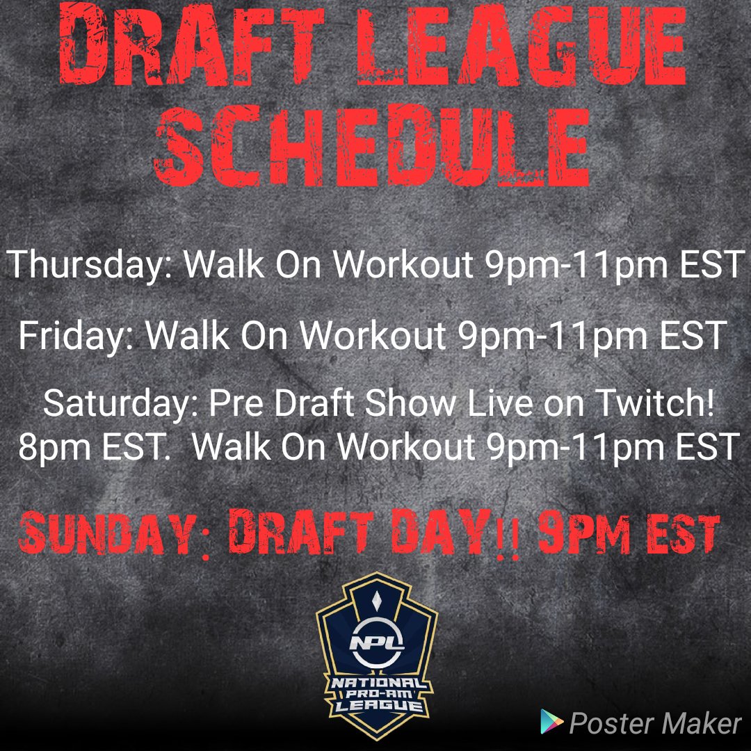 WHOS READY FOR TONIGHT!!?!?! 9PM-11PM EST COME SHOW OUR CAPTAINS WHAT YOU GOT AS NPL HOSTS WALK ON WORKOUTS LIVE ON TWITCH!! PLEASE RETWEET TO SPREAD THE WORD!! #ProAm @NBA2KPlayUnion @MyplayerAgency <a href="/WalkOnWarriors/">⚠️ Walk-On Warriors</a> <a href="/NBA2kLab/">NBA2KLab</a> <a href="/NBA2KCenter/">JT</a> <a href="/Retweets2K/">NBA2K Retweets</a>