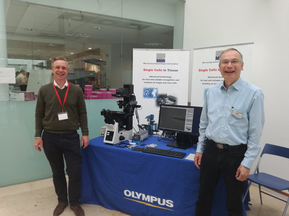 HeideMResch's tweet photo. Chris Wetzel from @mmiTeam and Stuart Macdonald from @OlympusUK are happy to present #SingleCellIsolation technologies at Norwich Single Cell Symposium @EarlhamInst Take your chance and talk to them today! https://t.co/epthBOWe2n
