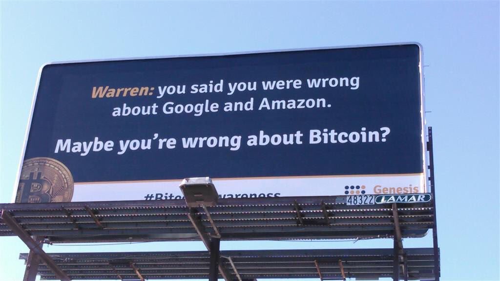 APompliano's tweet image. The guys at @GenesisMining put these Bitcoin billboards outside Warren Buffett’s office.

Crypto won’t go quietly into the night 🚀