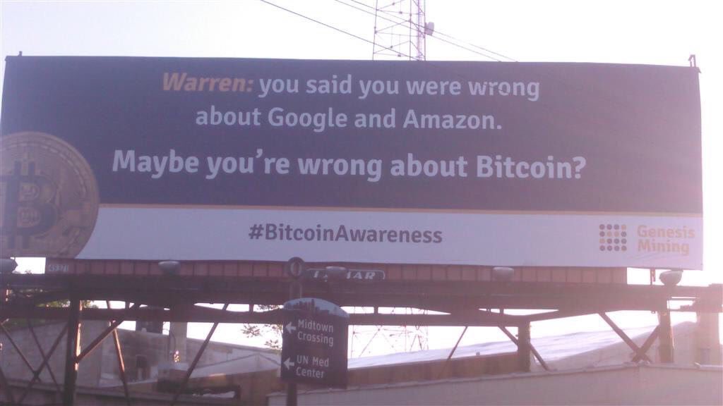 APompliano's tweet image. The guys at @GenesisMining put these Bitcoin billboards outside Warren Buffett’s office.

Crypto won’t go quietly into the night 🚀