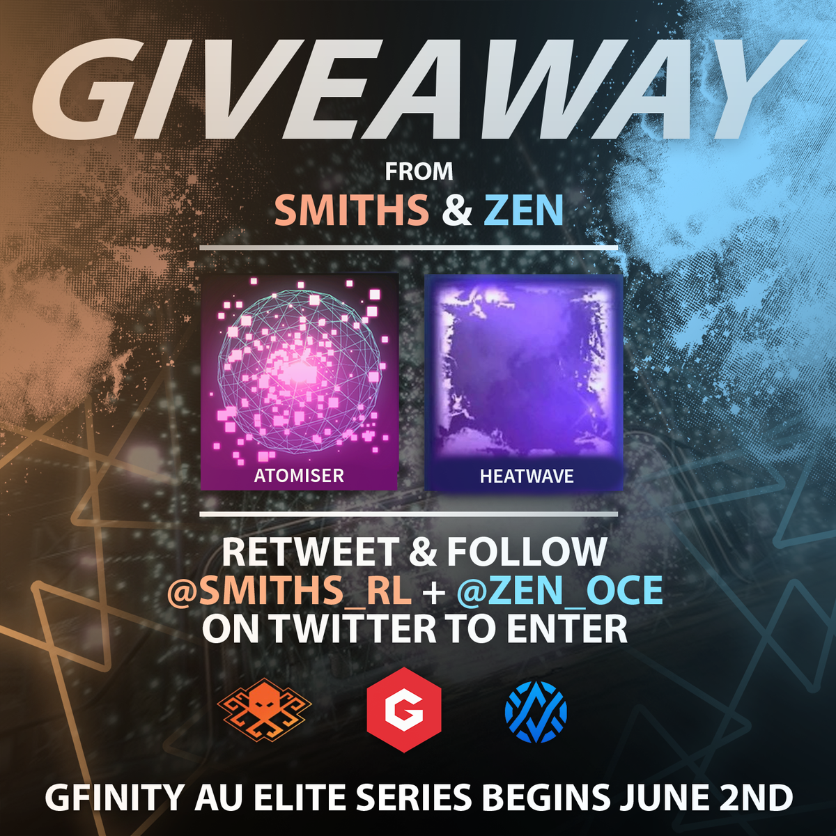 Smiths_RL's tweet photo. Gfinity Elite Series Giveaway! 🎉

To enter:
👉Follow @Smiths_RL + @ZeN_OCE 
👉 Retweet this tweet

Stay up-to-date with Elite Series @gfinityau &amp; watch live on https://t.co/SuIcQ9DrYx   every weekend from June 2!

Goodluck to all! (PC ONLY)
Ends 6th of June!
Drawn on my stream! https://t.co/IHxsh7cU0D
