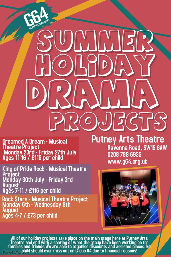 Group64's tweet photo. ☀️ Check out our exciting SUMMER HOLIDAY PROJECTS @PutneyTheatre for #youngpeople ☀️ - go to https://t.co/LFKmvTD2pq for more details and booking (Assisted places and sibling discounts available for all projects) https://t.co/I8guPqaKmT
