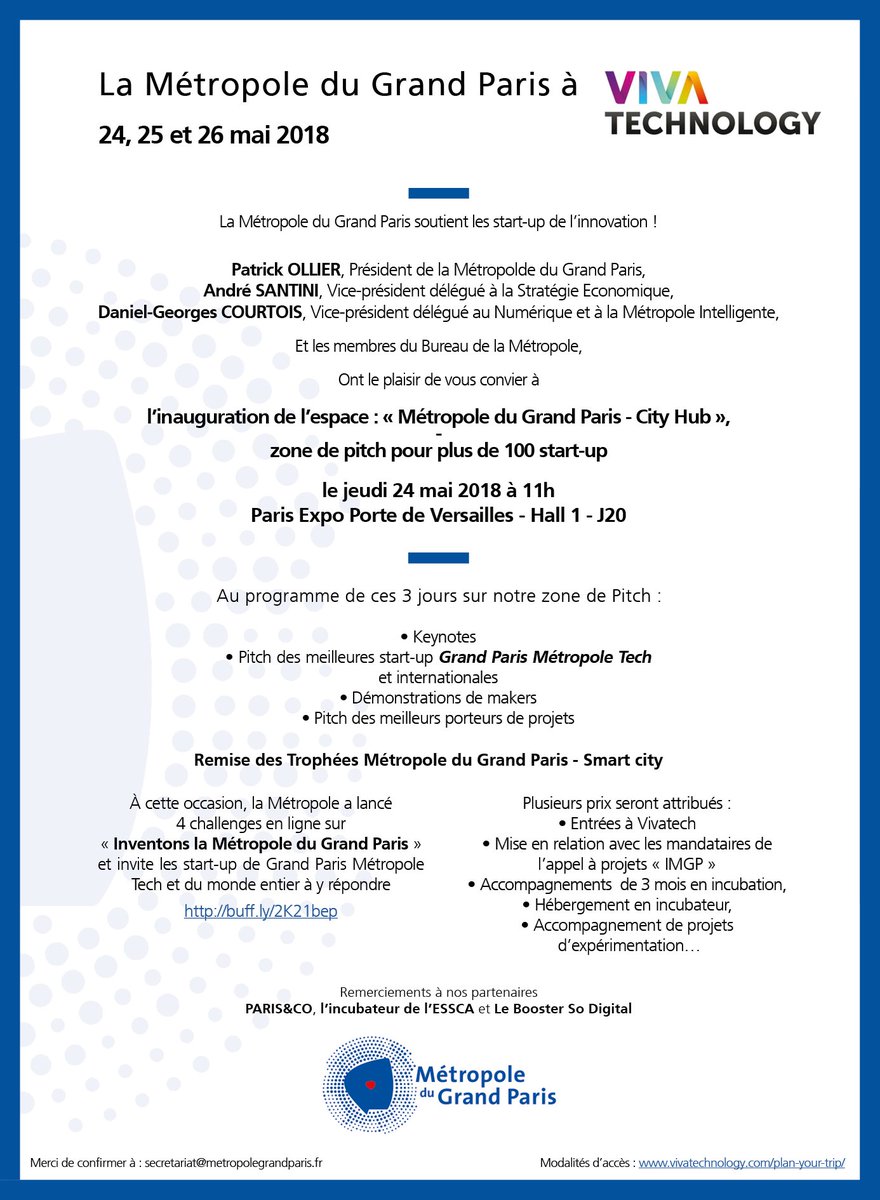 GrandParisMGP's tweet photo. [Réservez la date] Retrouvez-nous à @VivaTech le 24 mai à 11h pour l'inauguration de notre zone de pitch suivie de l'intervention de @CarlosMorenoFr  #GRANDPARIS #startup #innovation https://t.co/vSnBGXVjl7