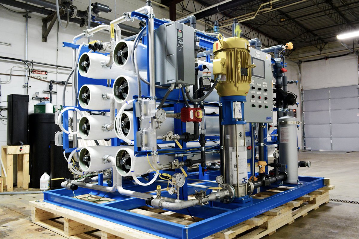 MarloInc's tweet photo. We have an interesting RO system on the production floor. A Two-Train design with two (2) separate RO systems mounted on the same skid. Each 35-GPM train can be operated independently allowing for 50% turn-down during lower water usage periods. https://t.co/jPnKdMXHUv