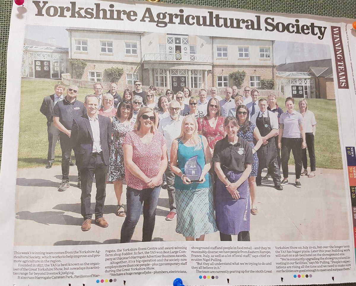 YorksAgSoc's tweet photo. We're proud to recently be awarded with Best Large Company at the @HgateAdvertiser Business Awards. The Society also includes staff from @FodderHarrogate, @YEventCentre, @pavsharrogate  &amp; @HGCaravanPark. Our team pic is featured in today's Harrogate Advertiser @BusinessHG  😍 https://t.co/vrbKXkQssn