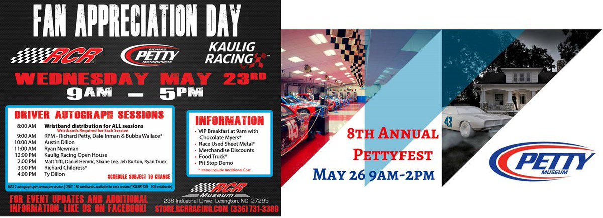 📢 ATTENTION FANS! @RPMotorsports Fan Appreciation Day will be held next Wednesday in Welcome, N.C. and PettyFest will be held next Saturday at the @PettyMuseum in Level Cross, N.C. @BubbaWallace and The King will attend Fan Appreciation Day and Richard will be at PettyFest.