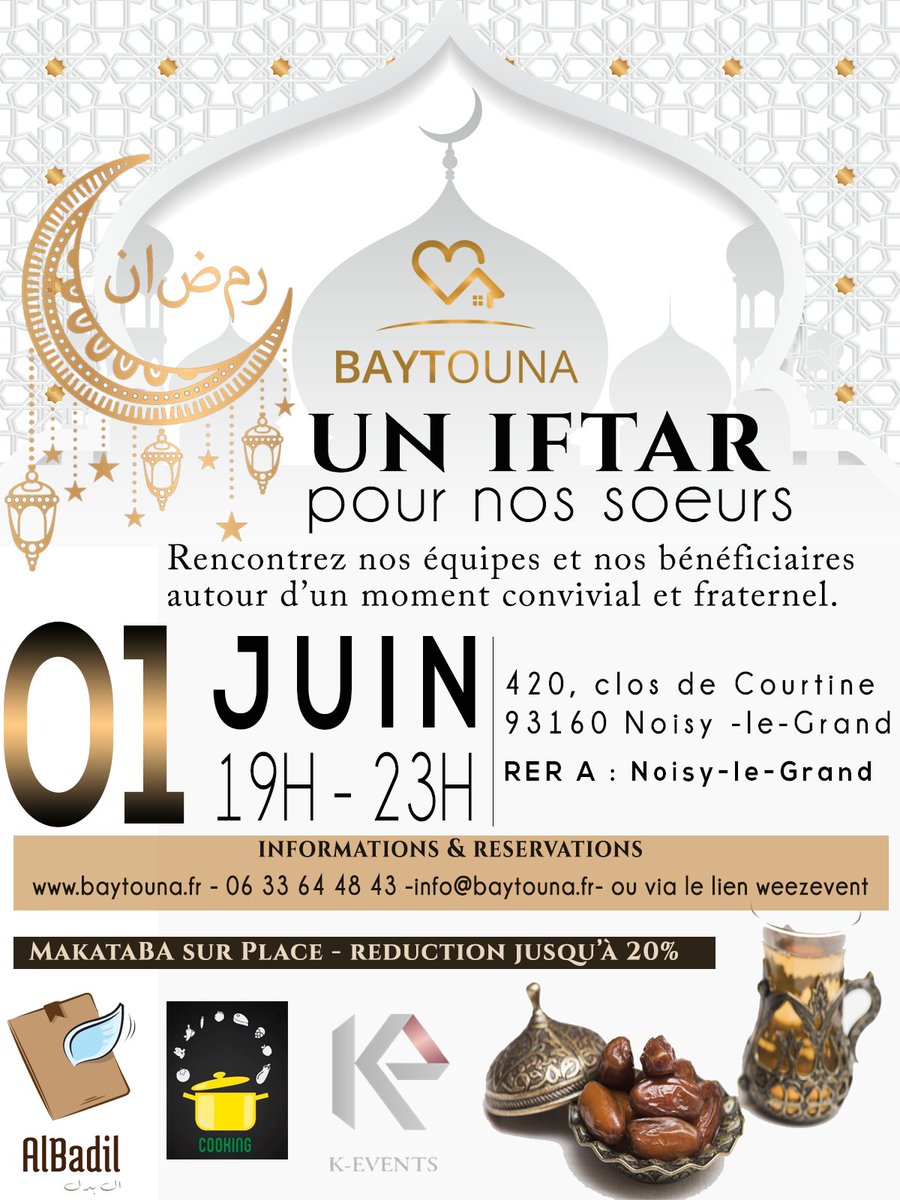 📍SAVE THE DATE ‼️
👉Rendez-vous le 1er Juin, dans les locaux de K-Events à Noisy le Grand, pour un iftar ouvert à tous en notre compagnie. 💫

🔴 Infos et résa : 
weezevent.com/un-iftar-pour-…