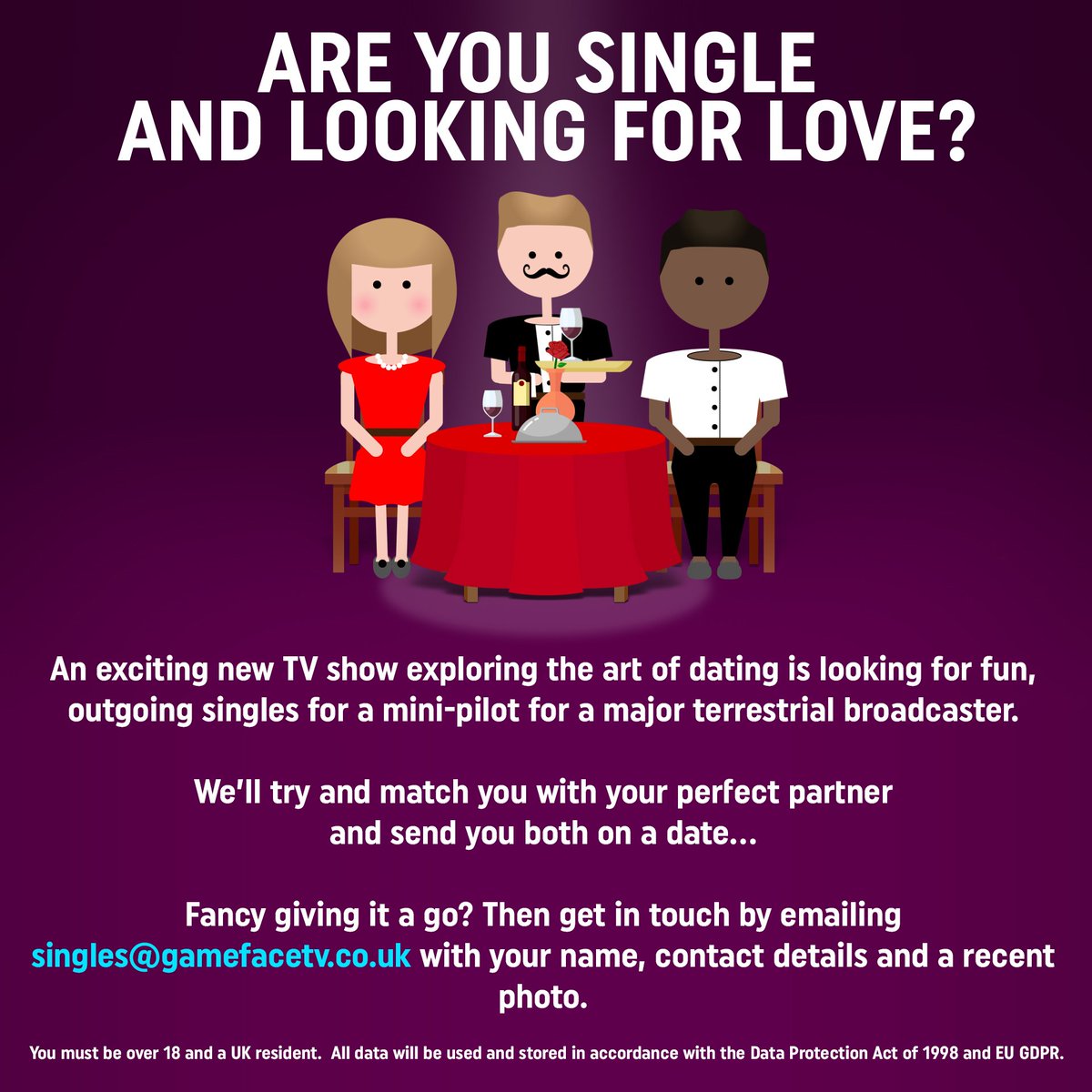 OTvcasting's tweet image. ARE YOU SINGLE? WANT YOUR CHANCE TO GO ON AN UNFORGETTABLE DATE?! 😍😍 LOOK NO FURTHER - SEND YOUR DETAILS AND A CURRENT PHOTO OF YOURSELF TO @SINGLES@GAMEFACETV.CO.UK 💕 #CASTING #CASTINGCALL #LOOKINGFORLOVE #DATING #DATE #LOVE *PLEASE RT &amp;amp; SHARE*