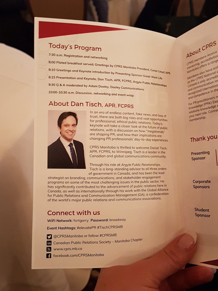 Marketing_L2's tweet photo. The Future of PR with The Canadian Public Relations Society MB. Keynote breakfast with @DanTisch, on the how mega trends and fake news are shaping the future of PR. @CPRSManitoba. #CPRSMB #TischCPRSMB #ElevatePR https://t.co/NQ9k0QjNqH