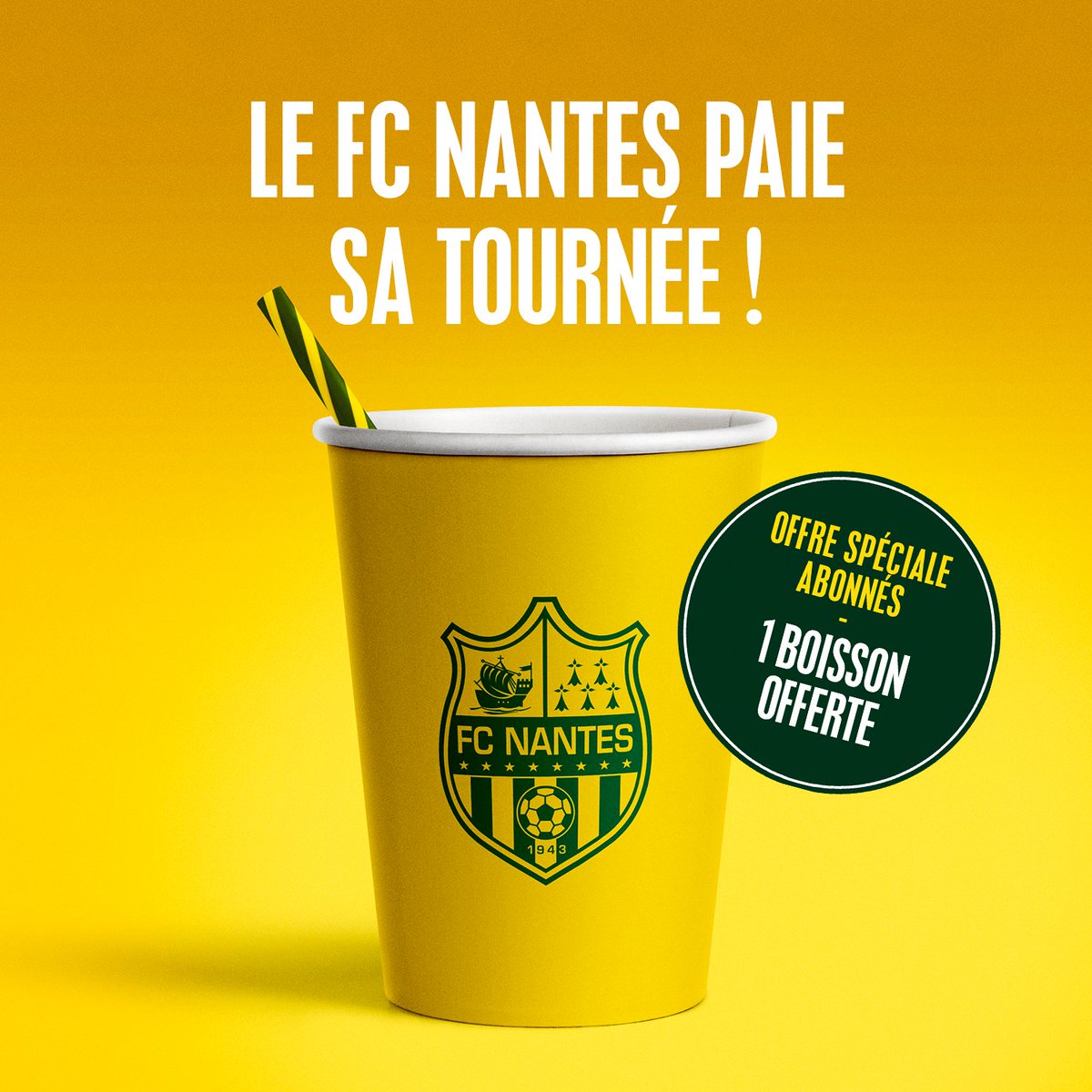 FCNantes's tweet image. Le FC Nantes paie sa tournée 🍺

A l'occasion de la der' de la saison, #FCNRCSA, le Club offre une boisson gratuite en avant-match à l'ensemble de ses abonnés.
ℹ➡ bit.ly/2Ipvsqn