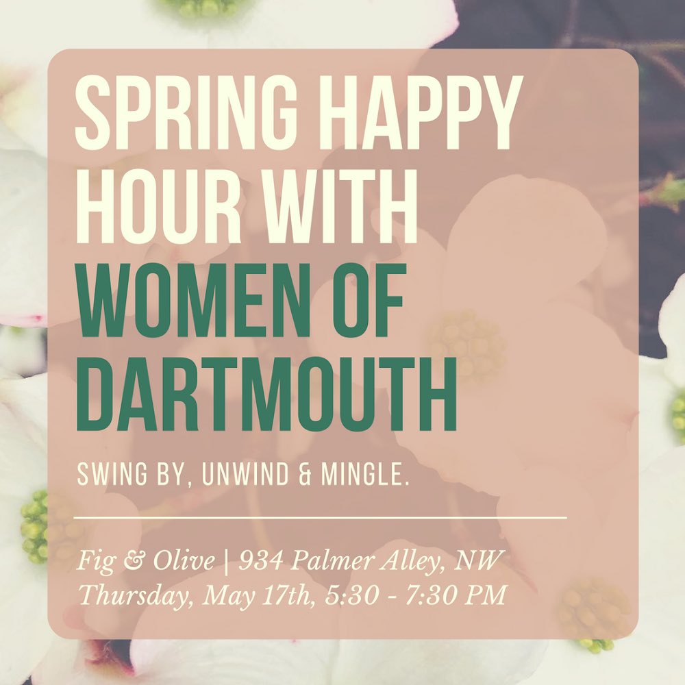WofDartmouthDC's tweet photo. Wind down with #womenofdartmouth after work today @ Fig &amp; Olive (934 Palmer Alley NW) during happy hour! We’ll be there from 5:30 - 7:30 pm. Looking forward to seeing you there!

Nearest metro stations: Gallery Place Chinatown and Metro Center

@dartmouthalumni @dartmouth https://t.co/vdIBjlxQgx