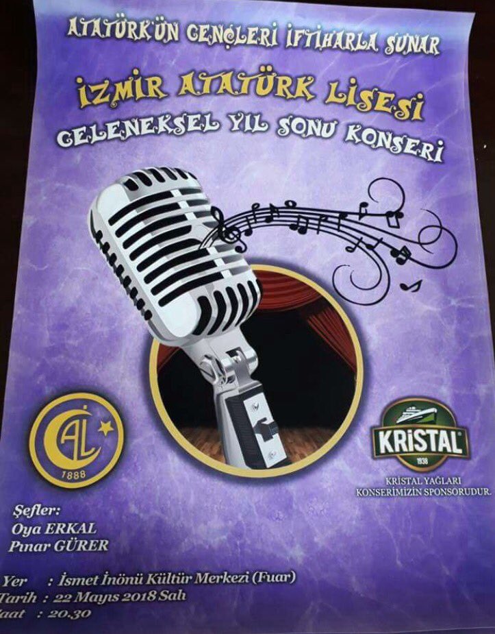 #İzmirAtatürkLisesi Geleneksel Yıl Sonu Konseri 🎶 
🗓 22 Mayıs 2018 Salı
⏰ 20:30
📍 Fuar İsmet İnönü Kültür Merkezi
