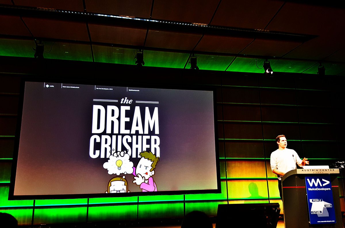 viennalex's tweet image. Sleepy? Join the dream crusher 😁 @philhawksworth #WeAreDevs2018 Stage D
