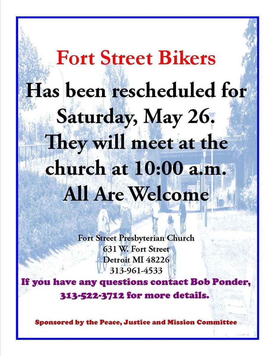 FortStChurch's tweet photo. @FortStChurch  Fort Street Bike Riders Meet on Saturday, May 26 at 10am in the church parking lot. Everyone's welcome! #bikeriding #cycling #downtownbikeride #DetroitBikeRiders #MemorialDayWeekend #bikerides #Detroit https://t.co/fFPwwMzluW