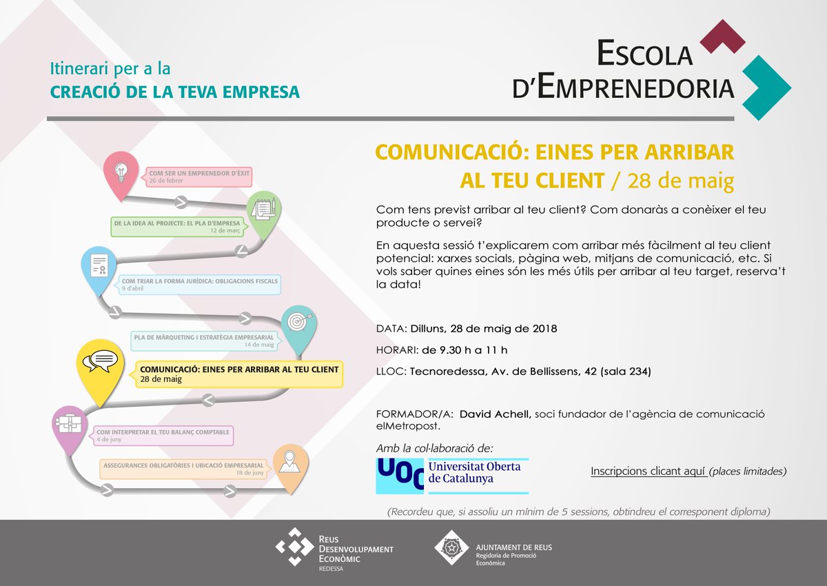 RedessaReus's tweet photo. La 5a sessió de l'itinerari de l'Escola d'Emprenedoria de @RedessaReus tractarà temes de comunicació. L'activitat, que es realitzarà el 28 de maig amb la col·laboració de la @UOCuniversitat, anirà a càrrec de David Achell de elMetropost https://t.co/RAf9oALE9J https://t.co/v7ShET0NCy