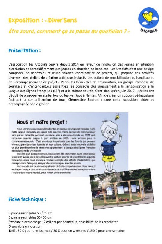 LesUtopiafs's tweet photo. Pour des événements spécifiques ou grand public, les Utopiafs vous propose la location de l'exposition Diver'Sens autour de la LSF et de la culture sourde, réalisée en 2017 par un groupe de bénévoles et exposée à SPOT. https://t.co/wyXOkpGXpQ