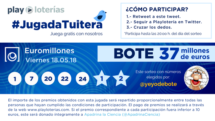 PlayLoteria's tweet photo. La #JugadaTuitera* de @yeyodebote cumple un año, quiere una segunda oportunidad y no podemos negársela.

3⃣7⃣ millones para repartirnos en el #Euromillones del viernes. RT a este tuit y síguenos para participar‼️ 

*Recuerda: Este mes jugamos con @ApadrinaCiencia! ❤️ https://t.co/S59MkdPuog