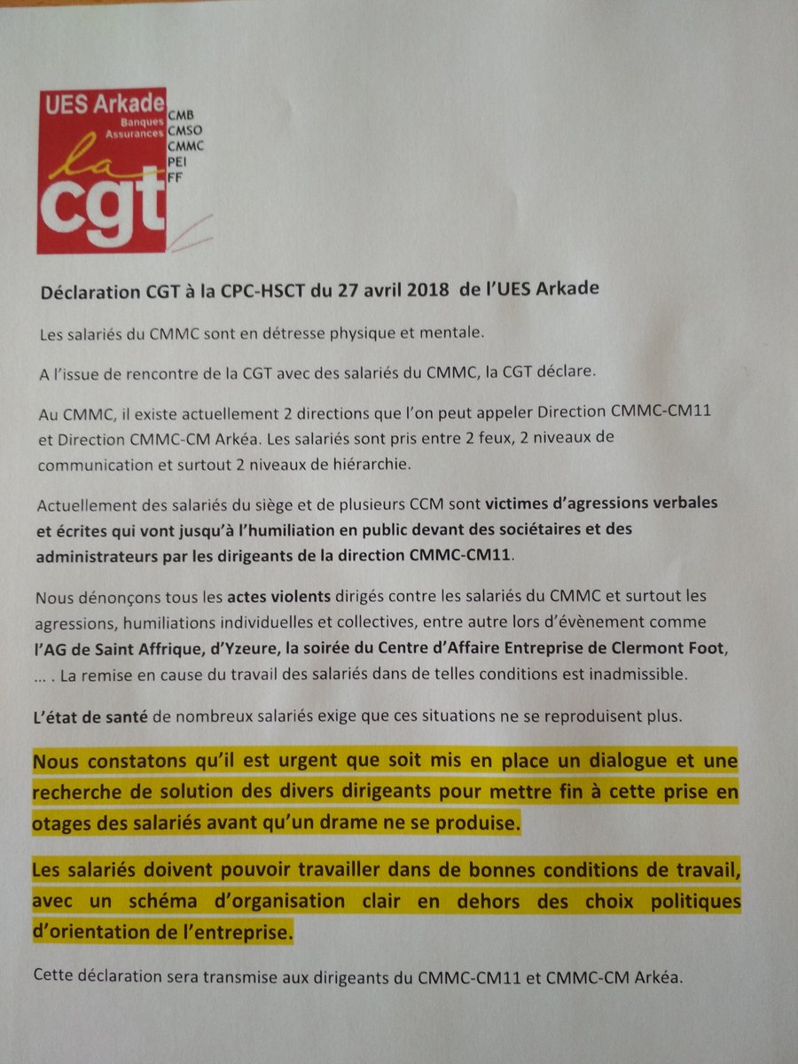 CgtArkade's tweet photo. Pour les salariés du #CréditMutuel du #Massifcentral Urgence de dialogue entre les dirigeants => recherche de solution &amp; Fin de prise d'otages des salariés. Ils doivent pouvoir travailler dans de bonnes conditions avec un schéma d'organisation clair #CMMC #Arkéa #CGT https://t.co/LPxVmkftOs