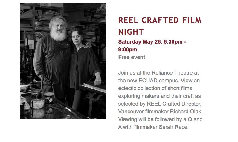 My short documentary <a href="/BarbPressFilm/">Barbarian Press Film</a> Press is screening at Emily Carr this Saturday night, May 26, 6:30pm – 9:00pm. Free event for the public. I will be there to answer any questions.
craftedvancouver.com/events/reel-cr…
