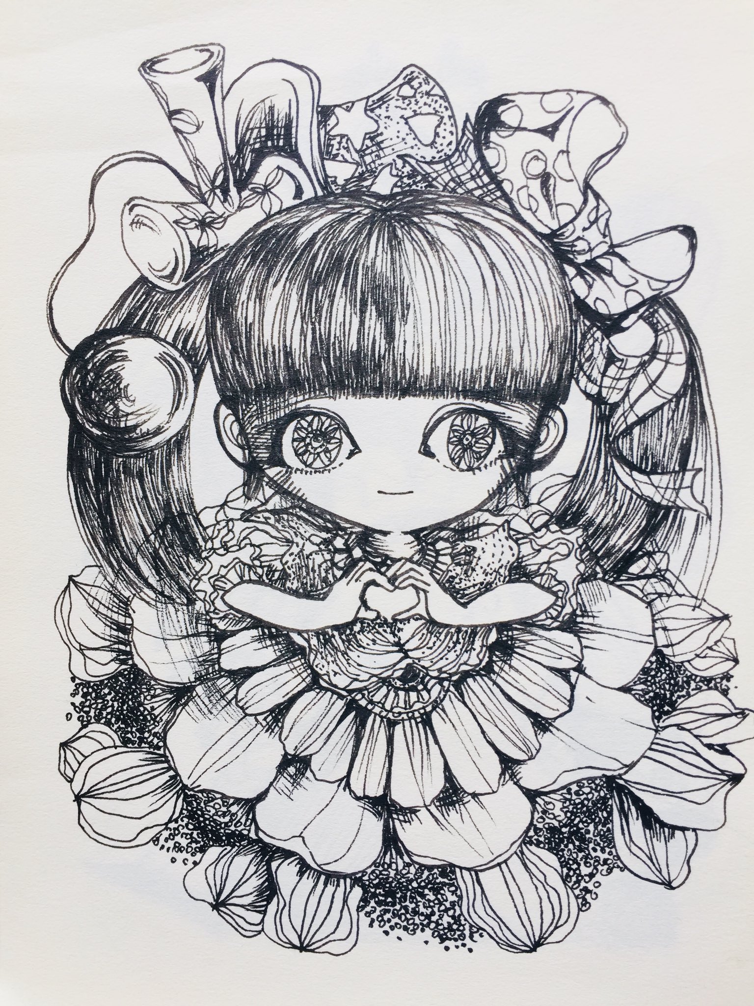 Aki Shimamoto 筆文字ポケモン絵師休憩中 Sur Twitter ハートの繋がり 愛と信頼の安らぎ けん玉リボン マリーゴールドの女の子 ペン画 イラスト 女の子 マリーゴールド けん玉リボン