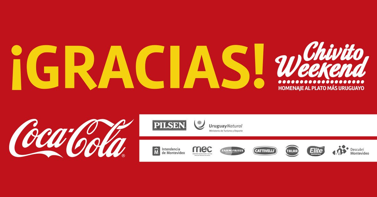 ChivitoWeek's tweet photo. Muchas gracias @cocacola_uy @PilsenUruguay @montevideoIM @Uruguay_Natural @MEC_Uruguay #FarmFrites #Elite #Talar y #Cativelli por apoyar nuestra idea desde el primer momento y permitir el éxito de la primera edición de #ChivitoWeekend. https://t.co/RRUWv2Nytu