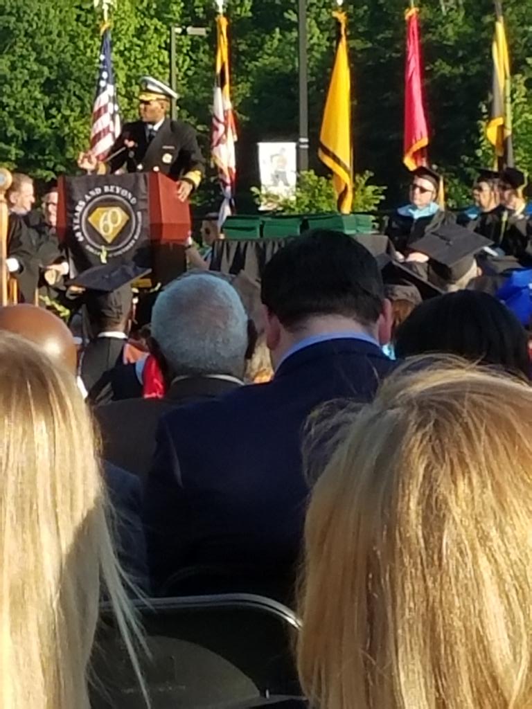KimMoZingo's tweet photo. Commencement address by Surgeon General, VADM Jerome Adams #csmgrad2018 https://t.co/s9Gyy2Q2mG