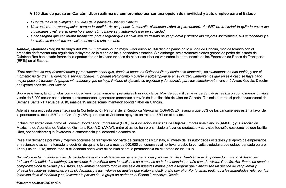VerasNews's tweet photo. .@Uber_MEX reafirma su compromiso por ser una opción de movilidad y auto empleo en #QuintanaRoo, compartimos el comunicado integro.⬇️

#AbriendoLaConversación #QueremosUberEnCancún @Arturo_Medina_G @ser_cardenas @PatysuarezRF @Leslie_Halley_R https://t.co/V8iFgYGTs0