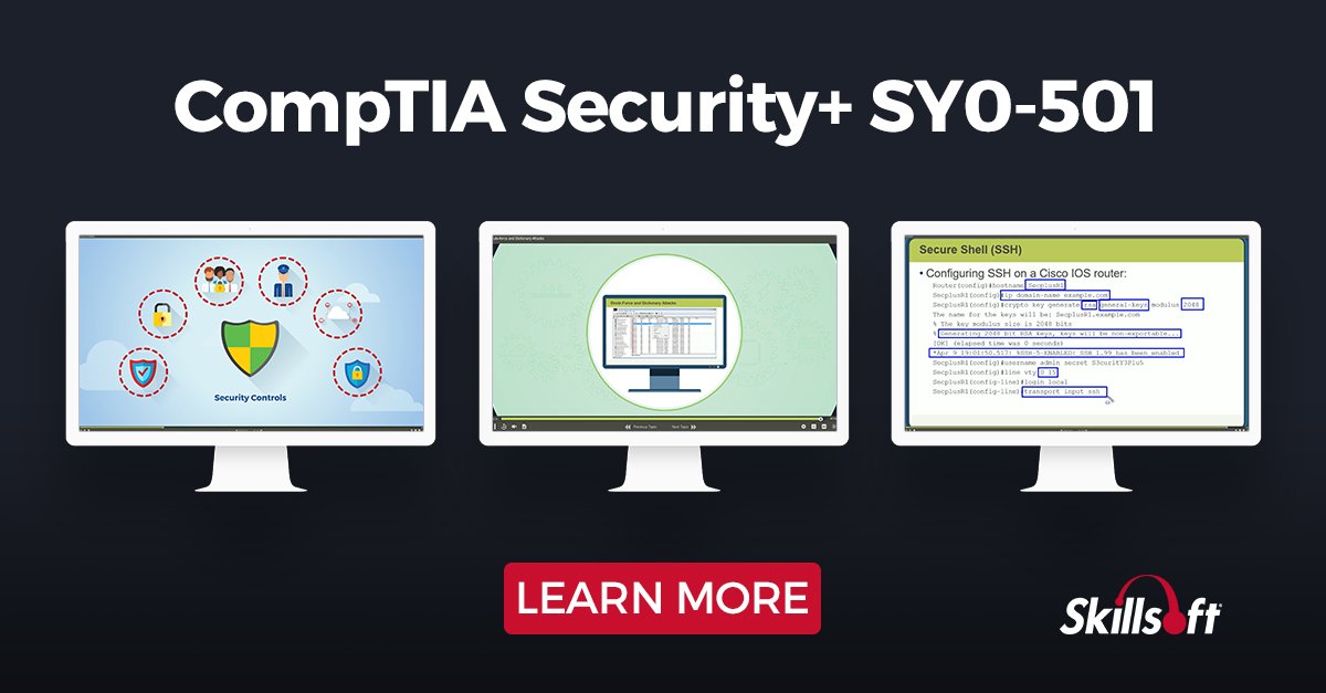 Skillsoft's tweet photo. We are pleased to share that our #CompTIA SY0-501 certification has passed ProCert Labs testing and is in compliance with CompTIA Approved Quality Content requirements! Learn more: https://t.co/rNA5mGWP2U #IT #CAQC https://t.co/5YQxzhMJEk