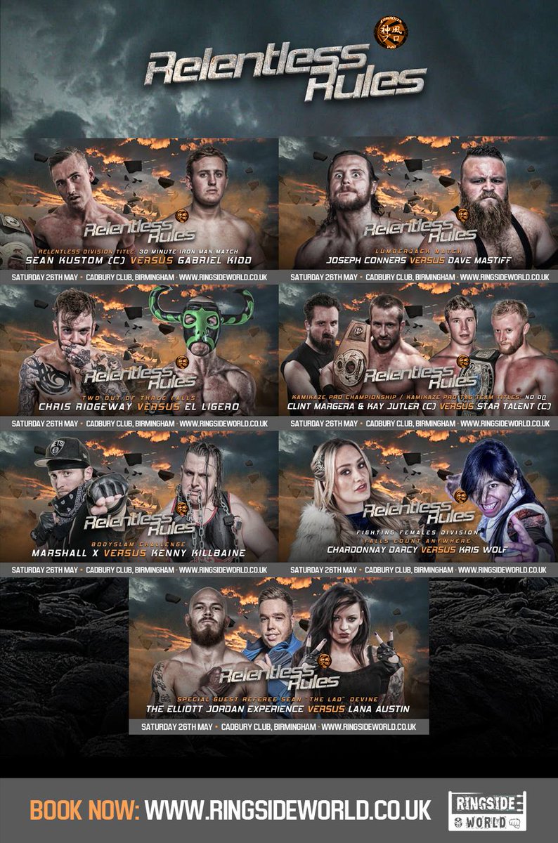 KamikazeProUK's tweet photo. The full card for #RelentlessRules this Saturday in Birmingham.
Some excellent matches. Get involved!
Tickets
https://t.co/6DQPBQNYyH https://t.co/4AMkUY84q8