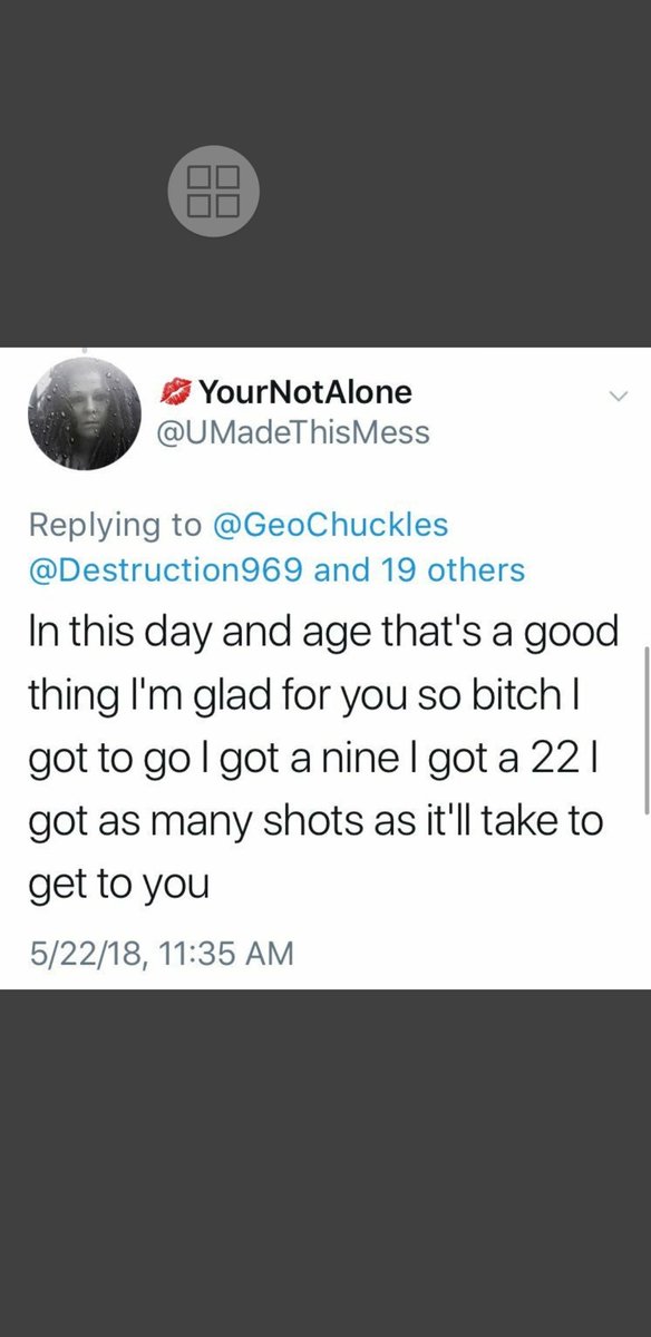 Wrathiscoming71's tweet photo. @TwitterSupport 
@GingerGibson 
I want to know how a account that threatened another with gun violence is still not suspended ? Yet you suspend human right accounts  then to make matters worst this is posted yet her account is still up 🤔🤔🤔 https://t.co/zZX2bLeXZd