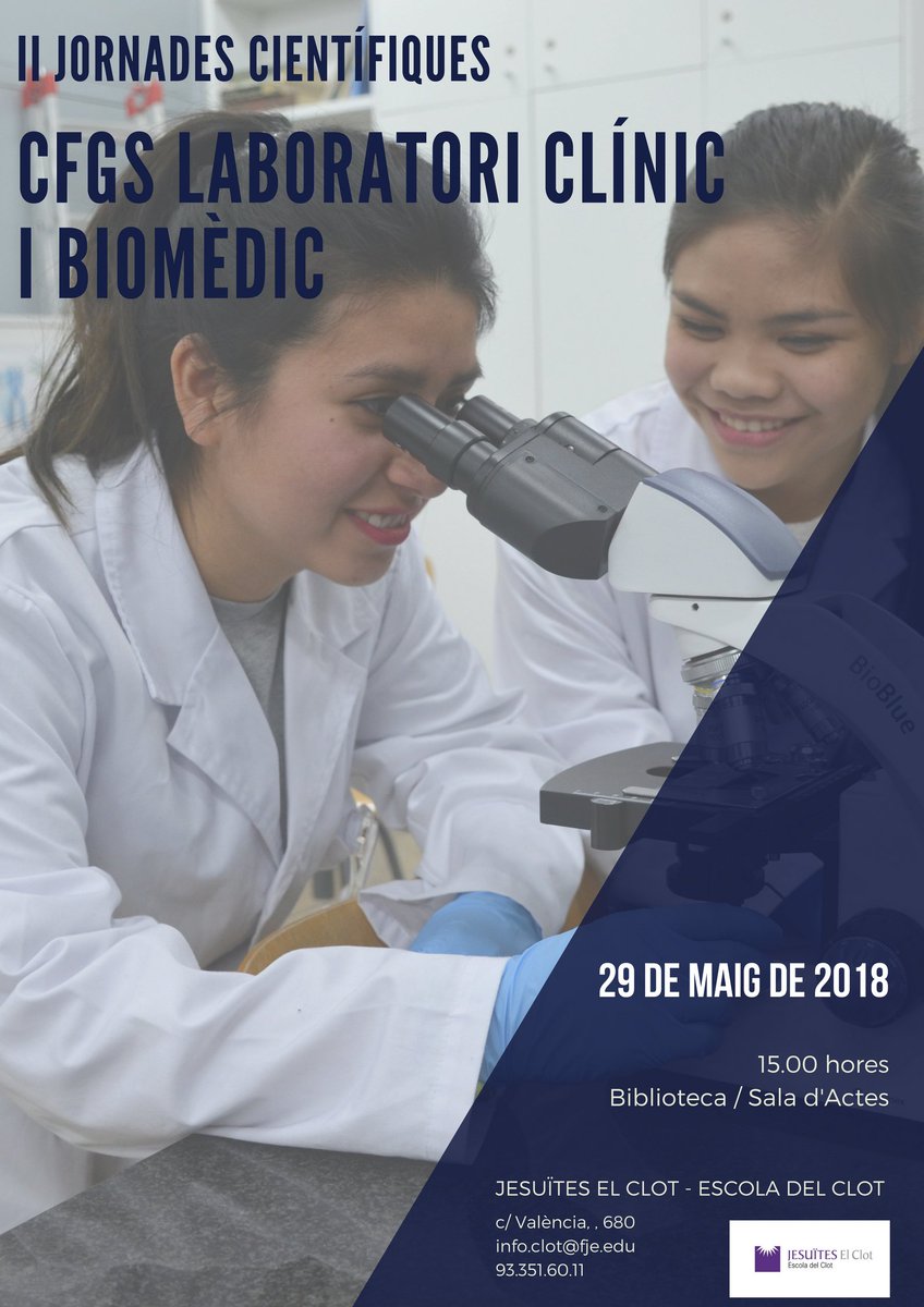 rebula8's tweet photo. El proper dimarts 29 de maig celebrem a #JEClot les #IIJornadescientífiquesJE que han preparat els alummes CFGS de laboratori clínic i biomèdic. Esteu tots convidats!! https://t.co/LE8DoKHY7d