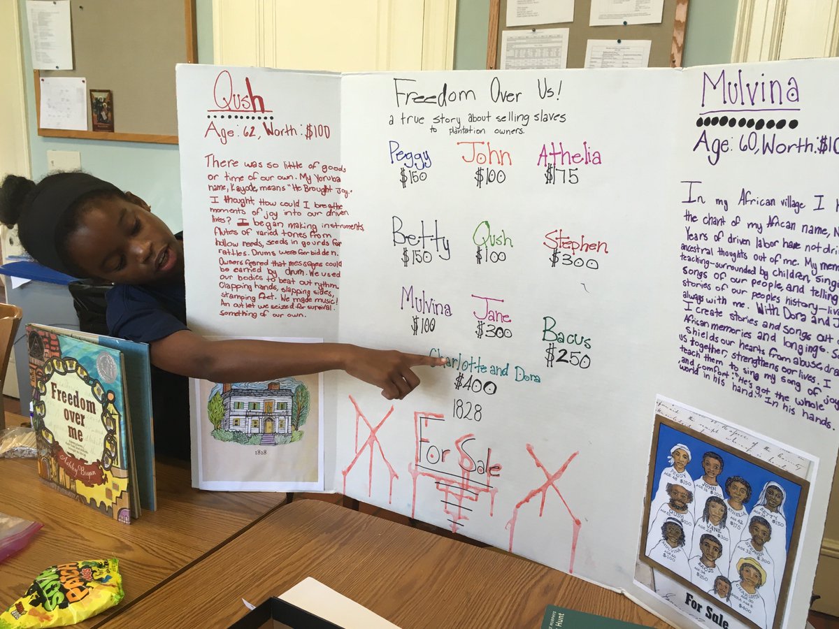 melinee_library's tweet photo. 4th grade end of the year projects #favoritebook #Freedomoverme by Ashley Bryan #monetaryvalueofslaves #pricelessvalueoflifeexperiences Newbery Honor book & Coretta Scott King Author & Illustrator Award #SacredHeartReads @CarrolltonSH https://t.co/vGkOjbMzxm