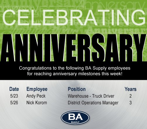 BASupply's tweet photo. Congratulations to Andy Peck (2 years) and Nick Korom (3 years) from our Lee's Summit branch on celebrating employee anniversaries with us this week! https://t.co/g5uz8txSDD