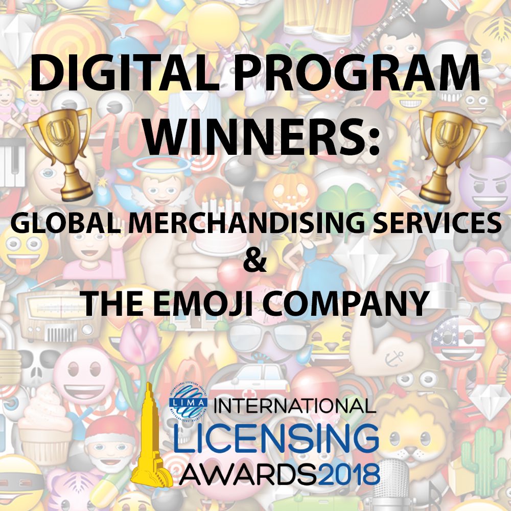 GlobalMerch's tweet photo. We’re so proud and excited to have won the #DigitalProgram award at this years #InternationalLicensingExpo with @EmojiBrand ! 🏆🎉😁 #globalhq #globalmerch #limaawards #internationallicensingexpo #award #digitalprogram #emoji #limaawards2018 #lasvegas https://t.co/am8GsQd6e9