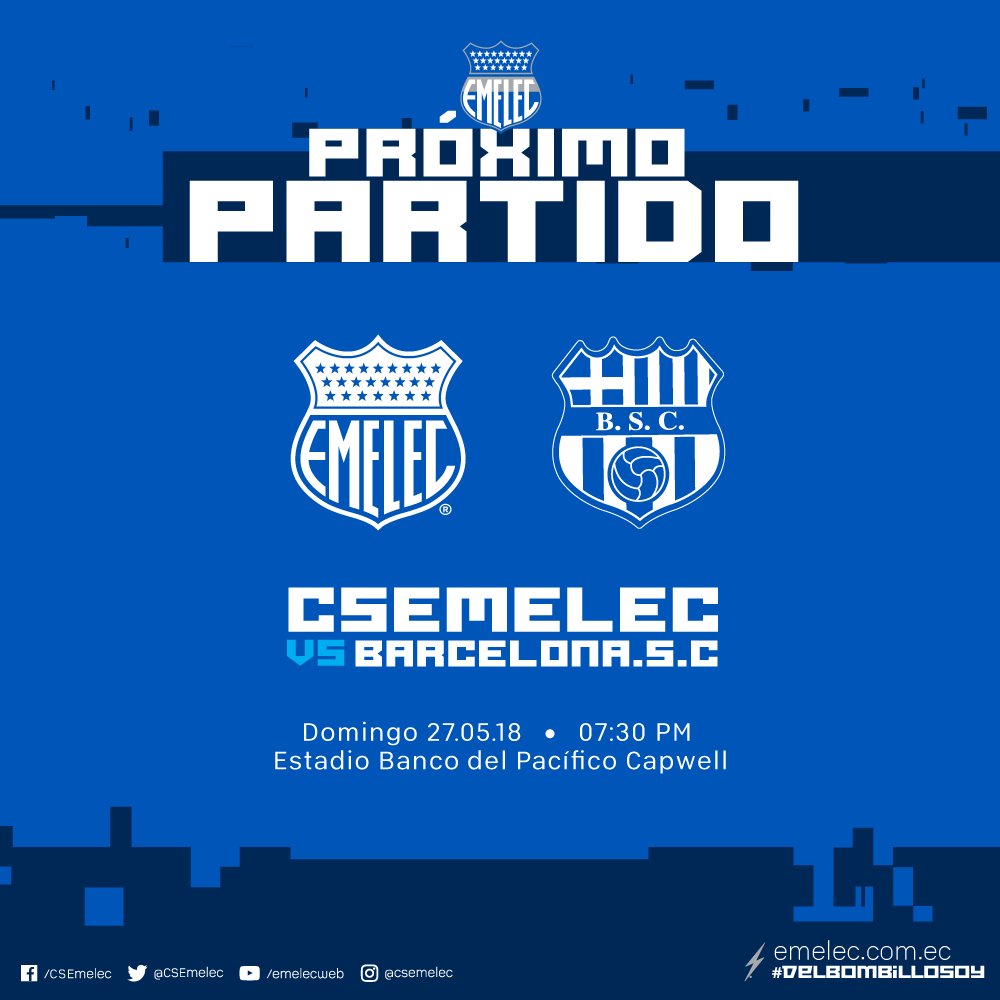CSEmelec's tweet photo. 🏆 Campeonato ecuatoriano
⚽️ @CSEmelec vs @barcelonaSC  
📆 Domingo, 27 de mayo, 2018
⏰ 7:30 pm
🏟 Estadio Banco del Pacífico Capwell https://t.co/8FJR4DVV9j