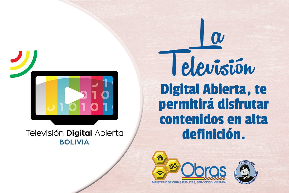 mopsv_Bolivia's tweet photo. #TDABolivia es la señal de televisión digital abierta y gratuita en Bolivia con programación en alta definición y más oportunidades de interacción.
¡Televisión Digital Abierta para todos! porque #ConGrandesObrasCambiamosLaHistoria https://t.co/5unLYfPRkf