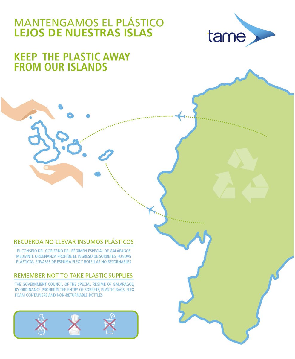 #TameInforma El Gobierno de Galápagos en cumplimiento de la ordenanza que promueve el consumo responsable de insumos plásticos prohíbe el ingreso de sorbetes, fundas plásticas, envases de espuma flex y botellas no-retornables, considerados nocivos para especies en extinción.