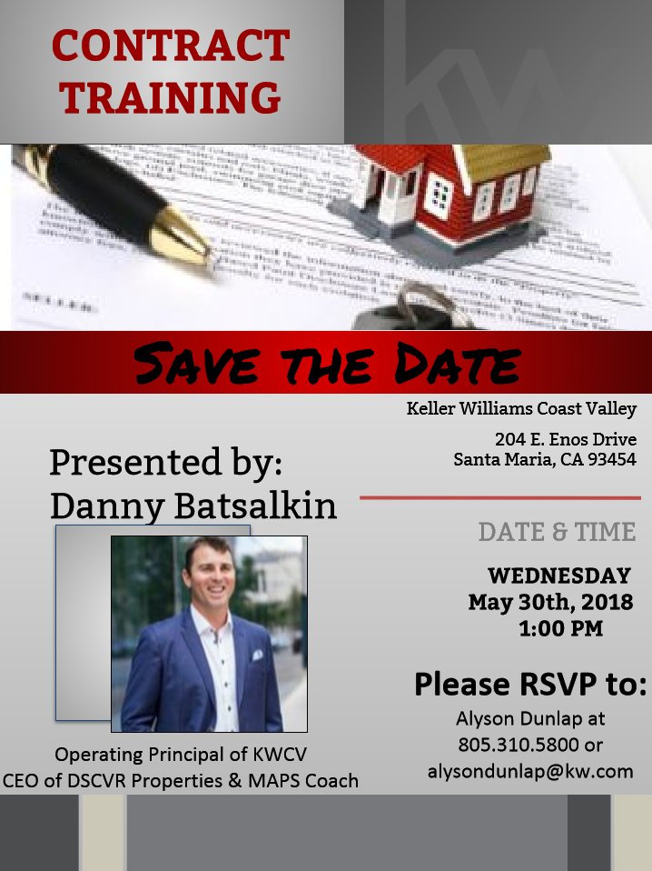 kwcoastalvalley's tweet image. SAVE THE DATE, Wednesday, May 30th at 1:00 PM. Class will begin 1:15. 
Keller Williams Realty Coastal Valley will be hosting a Contracts Class by Danny Batsalkin. ALL AGENTS ARE WELCOMED to join in to learn, take notes or refresh your Real Estate abilities! #kwcv #training
