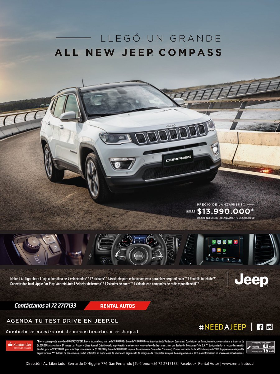RevistaPeperina's tweet photo. All New Jeep Compass 

RENTAL AUTOS

Teléfono: 72 2717133
Dirección: Av. Libertador Bernardo O’Higgins 776, San Fernando.
https://t.co/jlDtXPP6Ks https://t.co/7Fbj0h4rzk