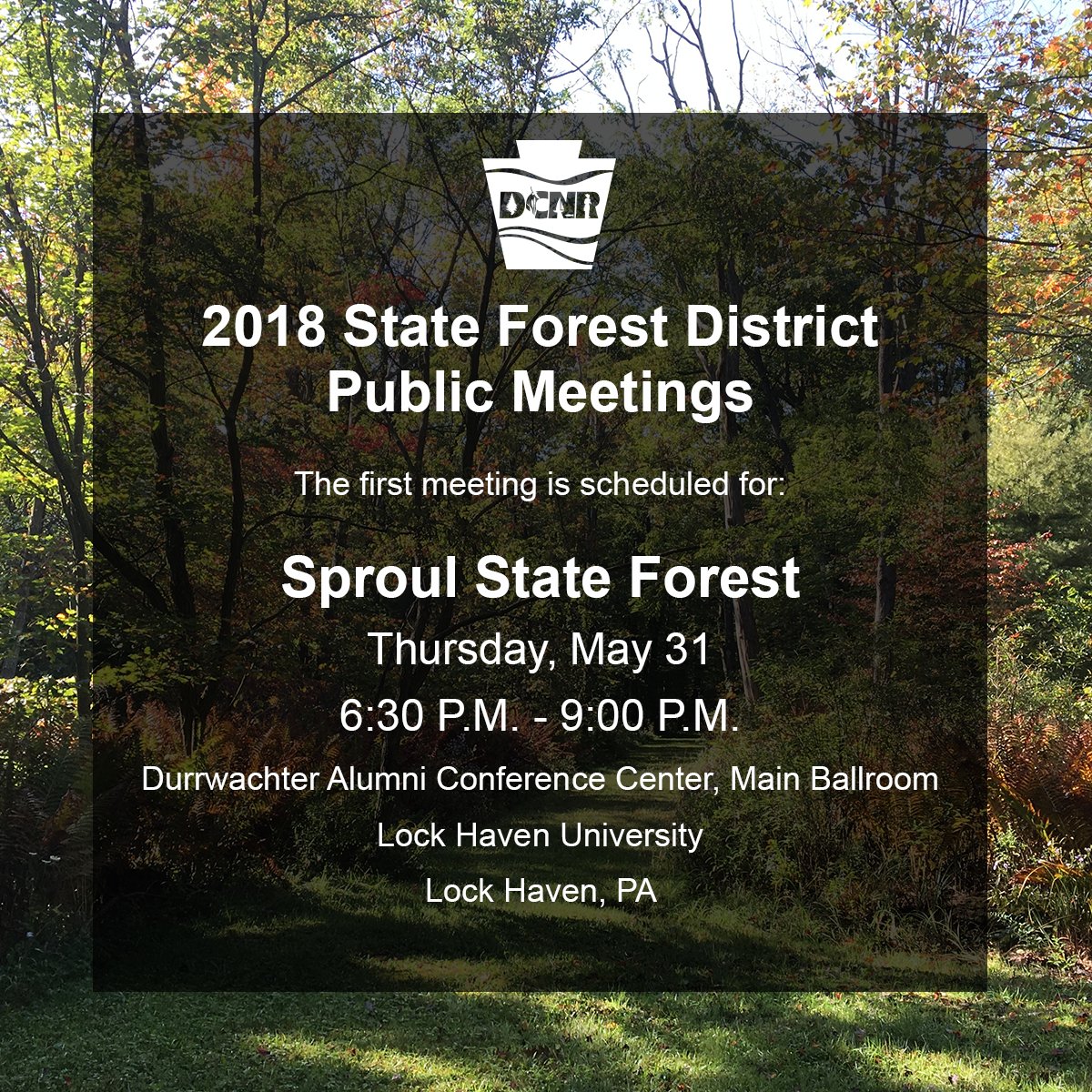 DCNRnews's tweet photo. Each of the 20 #PAStateForest districts will be hosting a public meeting, beginning with #SproulStateForest on May 31. These meetings will focus on the districts' forest management plans and give attendees the opportunity to provide input. Learn more β https://t.co/v5ClBhqKMU https://t.co/YXfhPTX5PD
