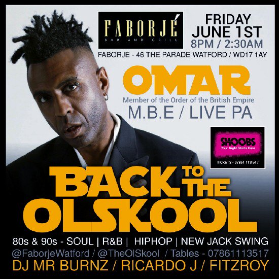 OSPUK's tweet photo. #OmarMBE Live PA Friday 1st June @FaborjeWatford 80s 90s #Soul #RnB #HipHop #NewJackSwing #Watford https://t.co/WBIglbAZUW