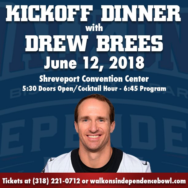 IndyBowl's tweet photo. Tickets are going fast for the #KickoffDinner with @drewbrees…make sure you reserve your spot to see the Super Bowl Champion on June 12 at the @ShreveportCtr!
For tickets: https://t.co/YGEgLH98o0 https://t.co/nDDE4jqhmr