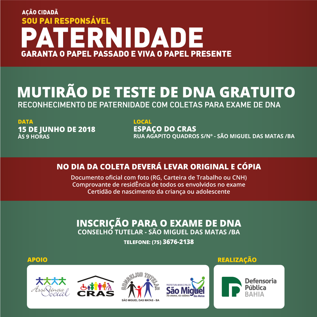 DefensoriaBahia's tweet photo. Atenção moradores de São Miguel das Matas! Nossa equipe de Santo Antônio de Jesus, sede da 6ª Regional, vai realizar um mutirão de Teste de DNA gratuito na cidade no dia 15 de junho. #DefensoriaBahia #TesteDeDNA #DefensoriaSim #AçãoCidadãSouPaiResponsável https://t.co/4P3artl9gs