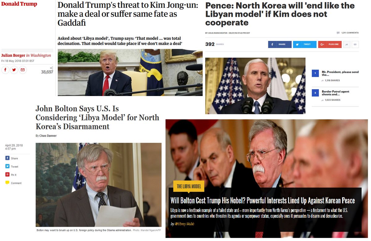 ClubBayern's tweet photo. The WH cites the North Korean leader's 'tremendous anger &amp; open hostility' as the reason to call off the summit, even though is Kim Jong-un who's dismantling his nuclear facilities and releasing American prisoners...

Let's all just overlook those really intimidating: #LibyaModel https://t.co/XBb9ZvroaA