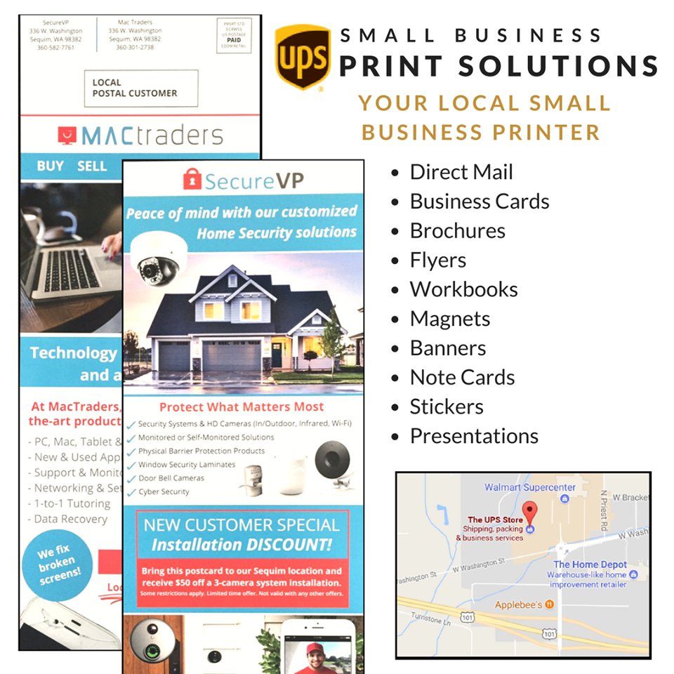 TheUPSStore5637's tweet photo. 👍 Do you need to boost foot traffic into your store? We can design, print and ship direct mail pieces for your business. 
✔️ Here is a 2-sided postcard we did for MacTraders and Secure VP right here in Sequim. 💻📬📈 https://t.co/x00KL3AlyU