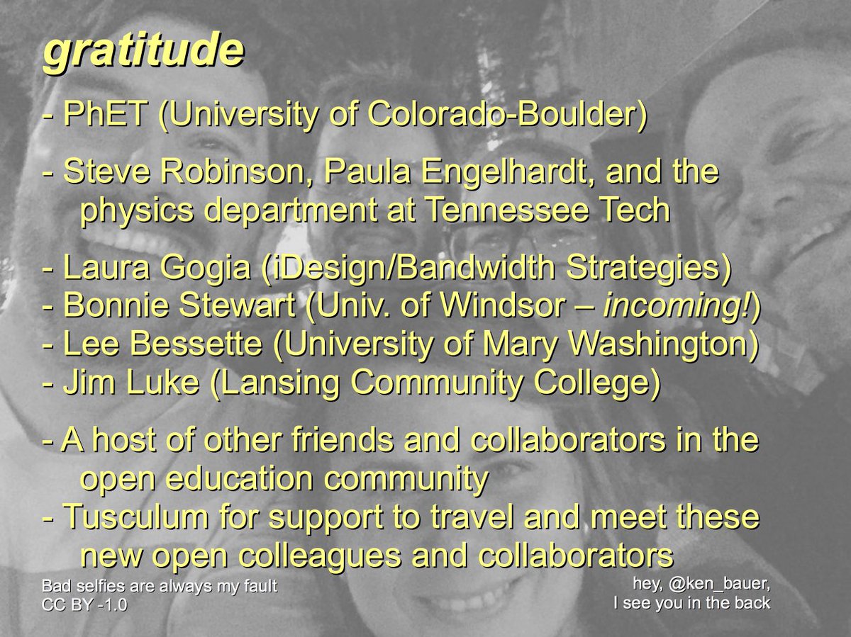 ShorterPearson's tweet photo. This is the first gratitude slide (the FIRST!), and I think I'm going to use that background pic for every gratitude slide I post from now on. It's from #OpenEd16 and I will never forget that week or those people. #t3snc #OnlineLabSci https://t.co/dIMLXOuBbb