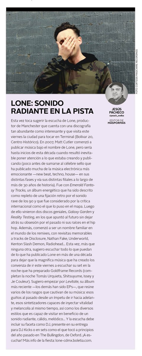 Este viernes toca <a href="/Lone/">Lone</a> en Terminal. Aquí mis sugerencias para entrarle a su discografía, y por acá los datos de la fiesta: bit.ly/2IZTCY7